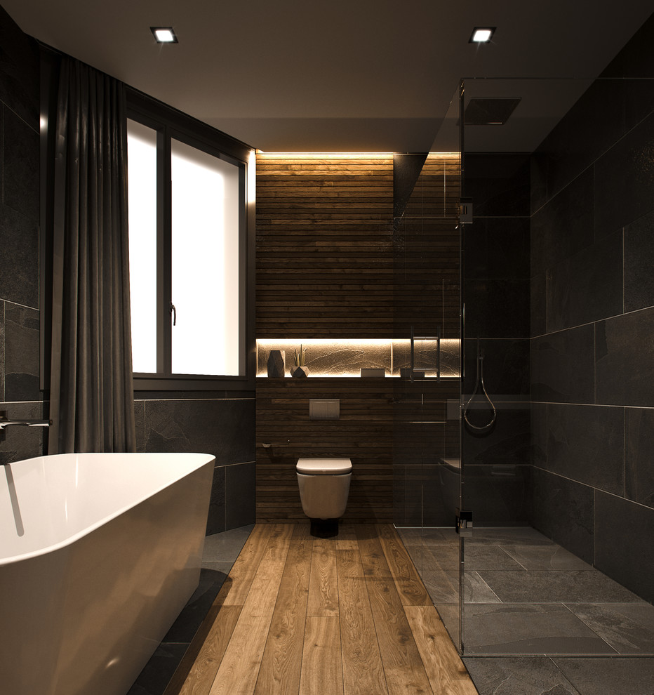 Bathroom - industrial master black tile bathroom idea in Bilbao