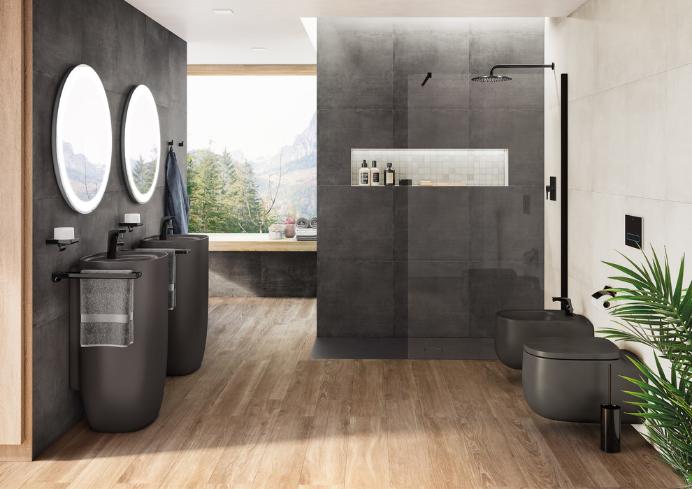 Design ideas for a large contemporary ensuite bathroom in Barcelona with a corner shower, a one-piece toilet, brown tiles, ceramic tiles, beige walls, ceramic flooring, a pedestal sink, brown floors and a hinged door.