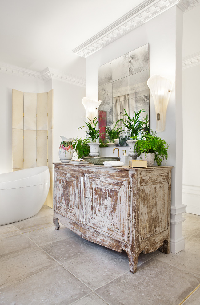 Example of a large eclectic master bathroom design in Madrid with recessed-panel cabinets, medium tone wood cabinets, white walls, a vessel sink and wood countertops