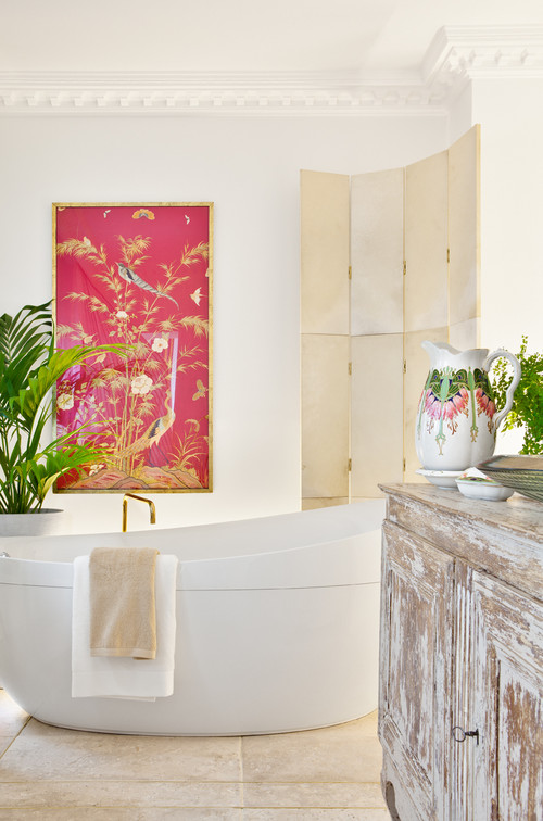 Bathroom Design with Curved Bathtub and Pink Artwork