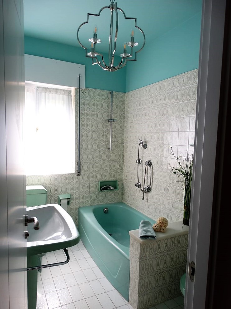 Design ideas for a large retro ensuite bathroom in Other with open cabinets, white cabinets, a built-in bath, an alcove shower, a two-piece toilet, multi-coloured tiles, ceramic tiles, multi-coloured walls, ceramic flooring, a built-in sink and white floors.
