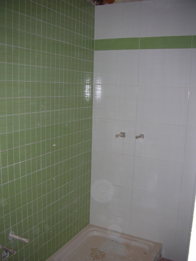Exemple d'une petite salle d'eau moderne avec des portes de placard blanches, une douche d'angle, un bidet, un carrelage vert, des carreaux de céramique, un mur vert, un sol en carrelage de céramique, un lavabo de ferme, un sol vert, meuble simple vasque et meuble-lavabo sur pied.