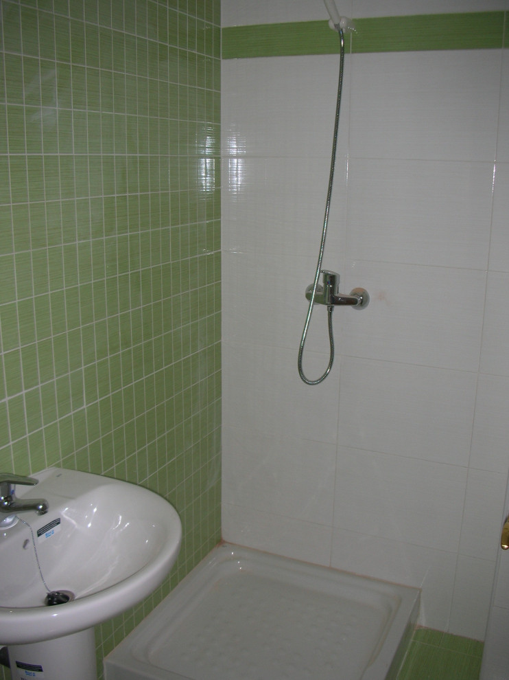 Foto på ett litet funkis badrum med dusch, med vita skåp, en hörndusch, en bidé, grön kakel, keramikplattor, gröna väggar, klinkergolv i keramik, ett piedestal handfat och grönt golv