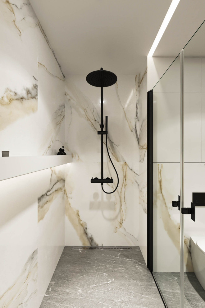Inspiration for a medium sized modern bathroom in Valencia with open cabinets, white cabinets, a wall mounted toilet, multi-coloured tiles, porcelain tiles, multi-coloured walls, porcelain flooring, a vessel sink, wooden worktops, grey floors, a sliding door, beige worktops, double sinks and a floating vanity unit.