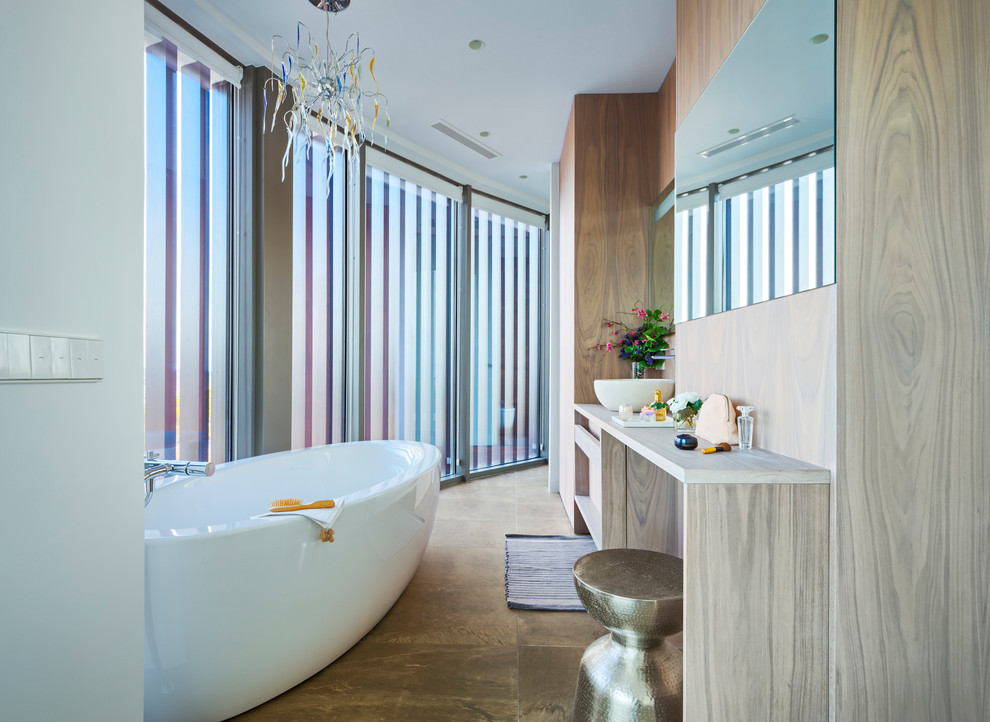 Bathroom - mid-sized contemporary master bathroom idea in Alicante-Costa Blanca with flat-panel cabinets, medium tone wood cabinets and a vessel sink