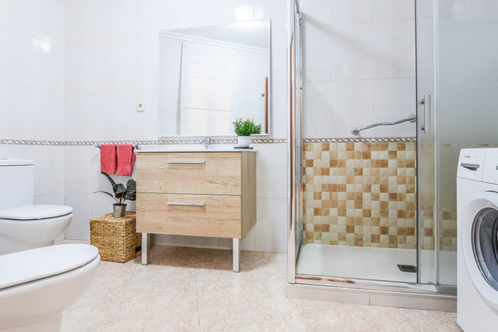 Inspiration for a medium sized classic ensuite bathroom in Madrid with freestanding cabinets, a corner shower, a bidet, white tiles, white walls, ceramic flooring, a trough sink, beige floors and a sliding door.