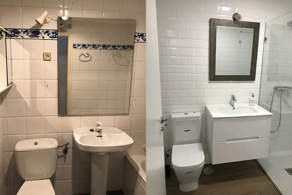 Inspiration for a small contemporary 3/4 white tile and ceramic tile laminate floor and brown floor bathroom remodel in Madrid with a two-piece toilet, white walls, a wall-mount sink, quartz countertops and white countertops