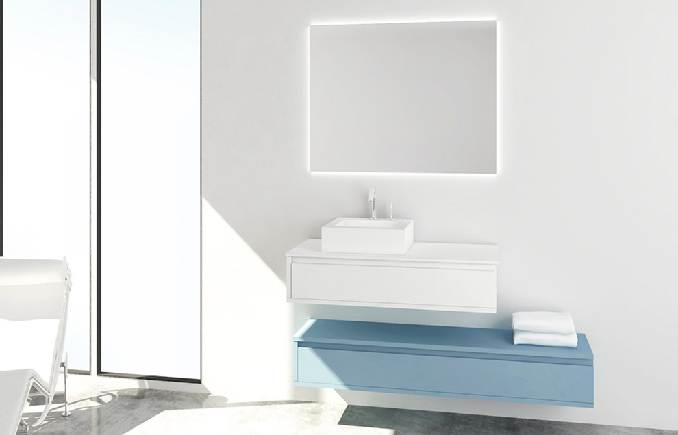 Пример оригинального дизайна: большая главная ванная комната в стиле модернизм с плоскими фасадами, бежевыми фасадами, белой плиткой, серыми стенами, полом из линолеума, врезной раковиной, столешницей из оникса и бежевым полом
