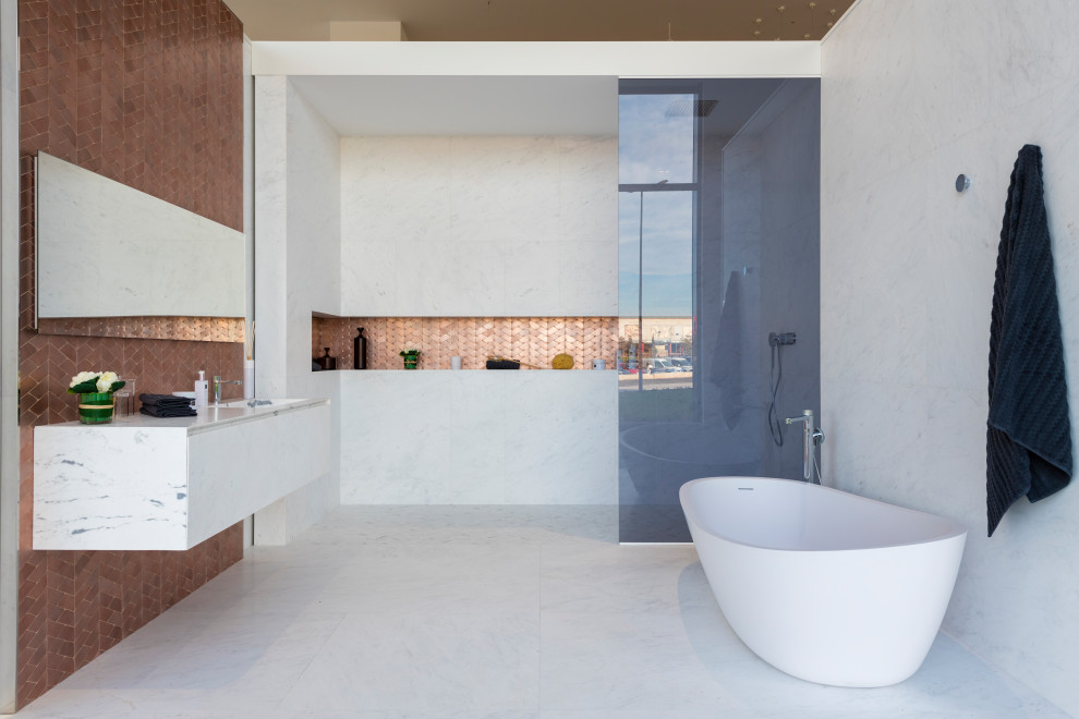 Example of a trendy white tile white floor and single-sink bathroom design in Valencia with flat-panel cabinets, white cabinets, white countertops, a niche and a floating vanity