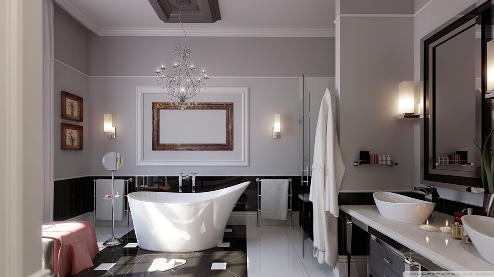 Modelo de cuarto de baño principal clásico grande con bañera exenta, paredes multicolor y lavabo sobreencimera