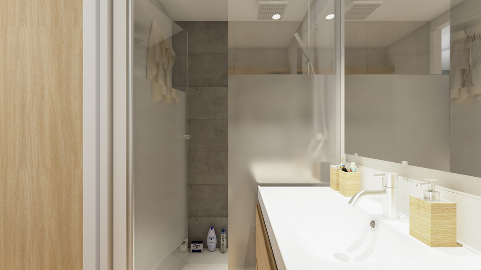 Exempel på ett litet nordiskt en-suite badrum, med möbel-liknande, skåp i ljust trä, en dusch i en alkov, en vägghängd toalettstol, svart och vit kakel, keramikplattor, vita väggar, klinkergolv i porslin, ett integrerad handfat, bänkskiva i akrylsten, brunt golv och dusch med gångjärnsdörr
