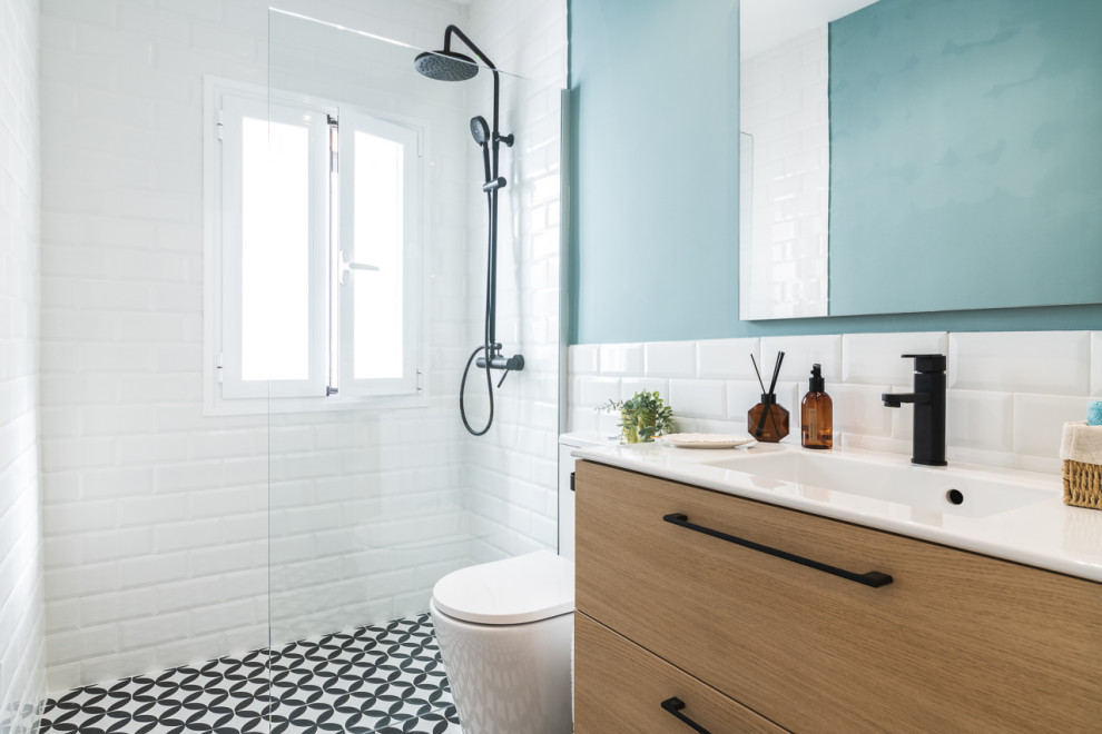 Small rustic shower room bathroom in Other with freestanding cabinets, medium wood cabinets, a built-in shower, white tiles, ceramic tiles, a wall-mounted sink, engineered stone worktops, black floors, white worktops, a single sink and a floating vanity unit.