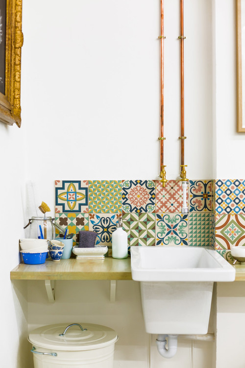 Eclectic Express: Very Small Bathroom Ideas with a Multicolored Wall and Copper Pipes
