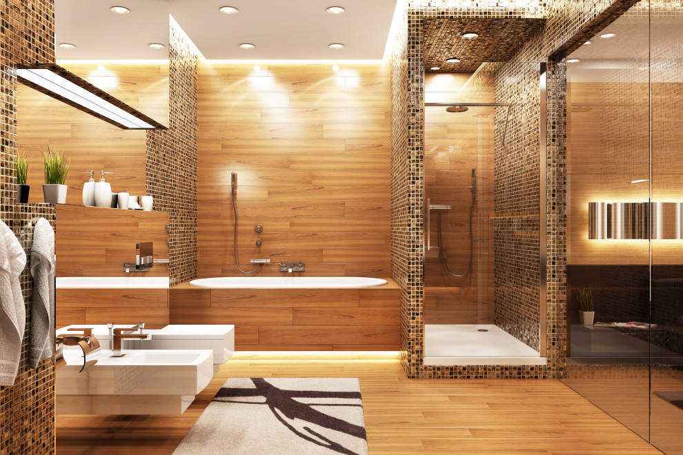 На фото: большая главная ванная комната в стиле модернизм с плоскими фасадами, коричневыми фасадами, накладной ванной, угловым душем, инсталляцией, коричневой плиткой, керамической плиткой, коричневыми стенами, полом из керамогранита, настольной раковиной, столешницей из искусственного кварца, коричневым полом, душем с распашными дверями и коричневой столешницей с