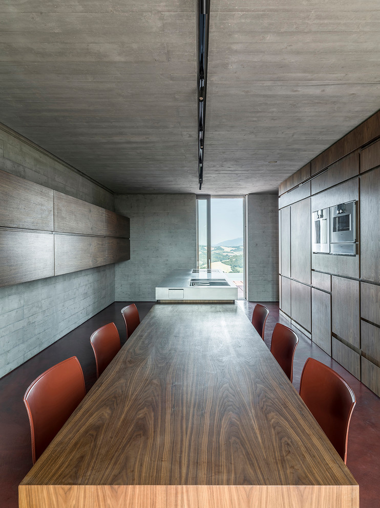 Идея дизайна: большая прямая кухня-гостиная в современном стиле с бетонным полом, островом, красным полом, фасадами цвета дерева среднего тона и столешницей из нержавеющей стали