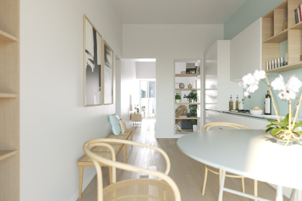 На фото: маленькая прямая кухня в скандинавском стиле с обеденным столом, врезной мойкой, белыми фасадами, столешницей из акрилового камня и светлым паркетным полом для на участке и в саду