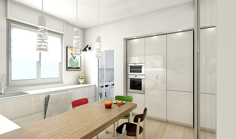Cette image montre une cuisine ouverte design en L de taille moyenne avec un placard à porte plane, parquet clair et îlot.