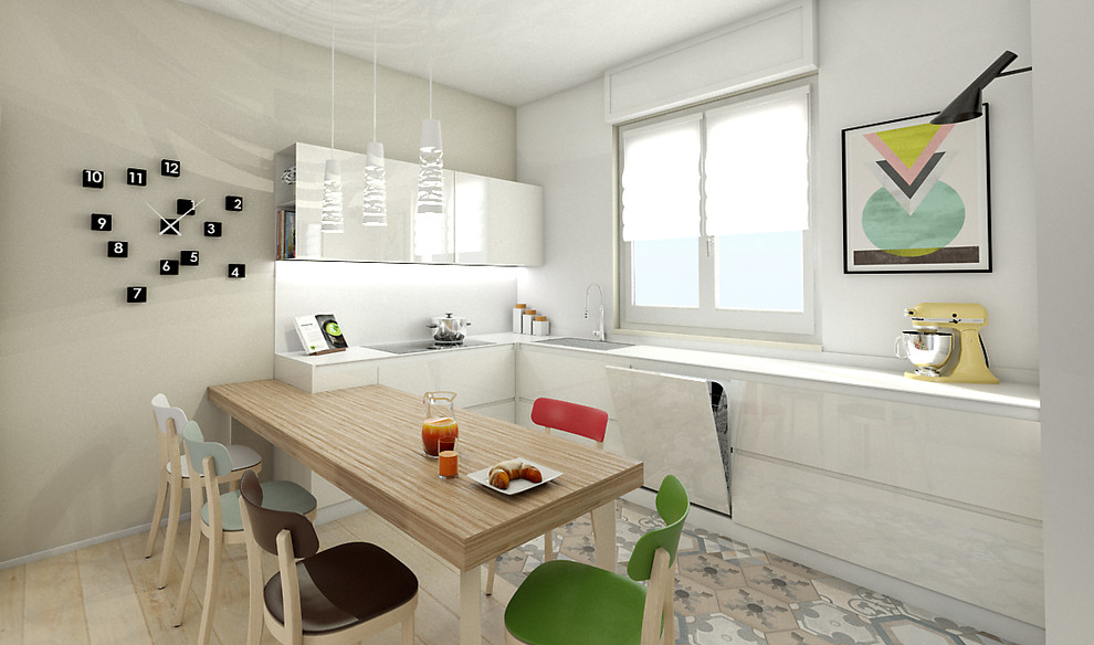 Medium sized contemporary l-shaped open plan kitchen in Cagliari with flat-panel cabinets, light hardwood flooring and an island.