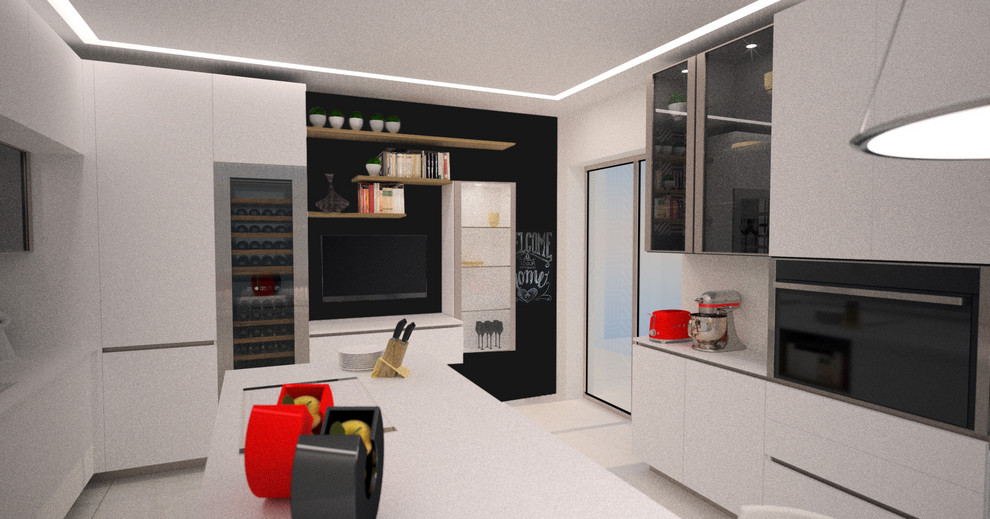 Idee per una grande cucina moderna con lavello integrato, ante di vetro, ante bianche, top in superficie solida, elettrodomestici neri, pavimento in gres porcellanato, pavimento bianco e top bianco