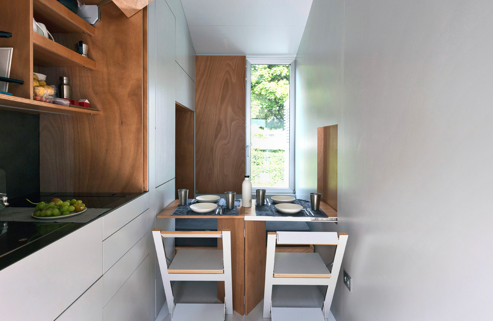 Cette image montre une cuisine américaine linéaire design avec un placard à porte plane et des portes de placard blanches.