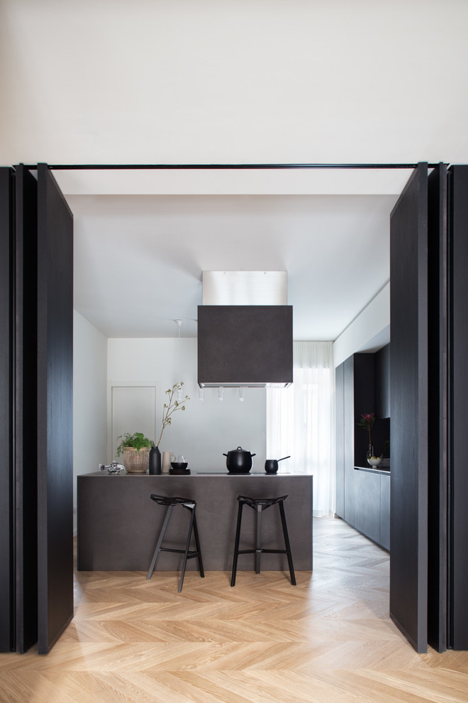Aménagement d'une cuisine contemporaine avec un placard à porte plane, des portes de placard noires, îlot et parquet clair.