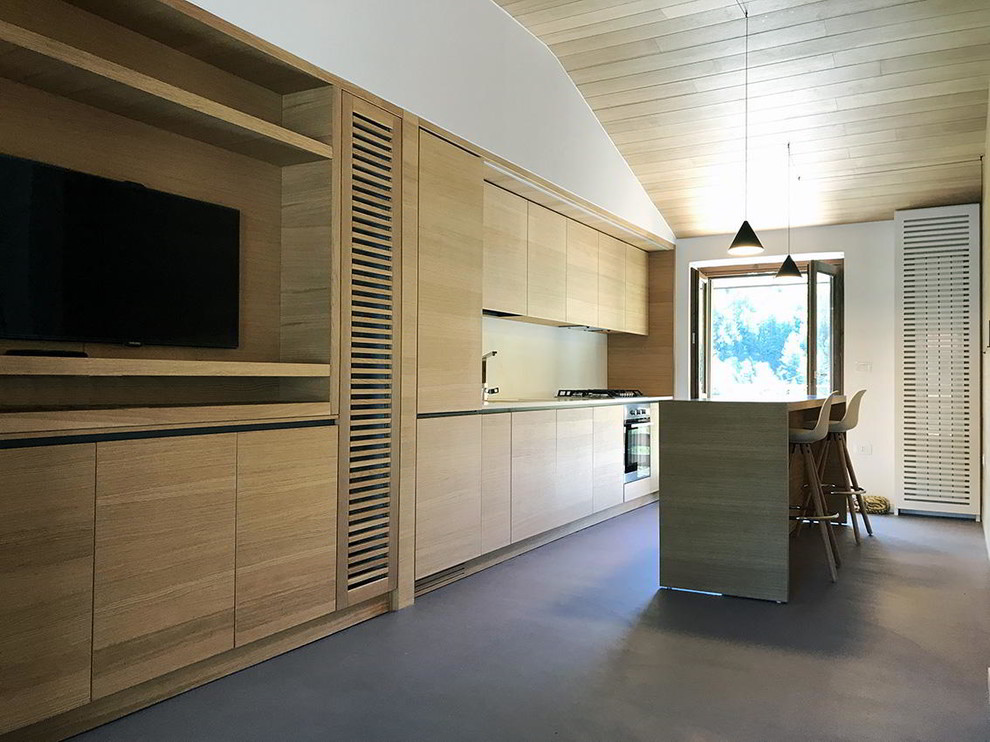 Ispirazione per una cucina minimal con ante in legno chiaro, elettrodomestici in acciaio inossidabile e pavimento in cemento