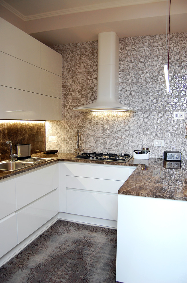Design ideas for a medium sized mediterranean u-shaped kitchen in Other with a built-in sink, flat-panel cabinets, white cabinets, marble worktops and ceramic splashback.