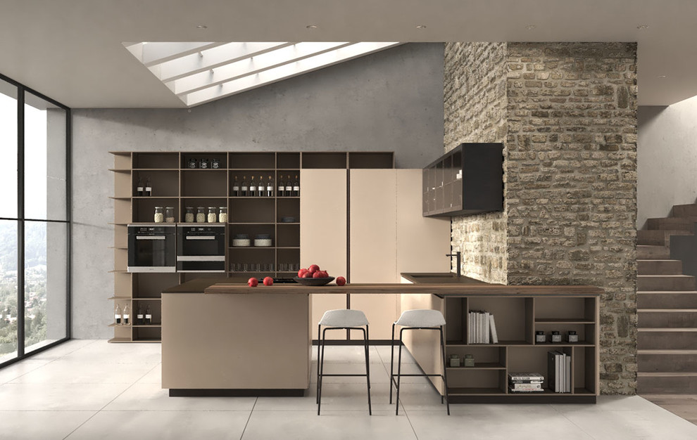 Inspiration for a modern u-shaped kitchen/diner with a breakfast bar.