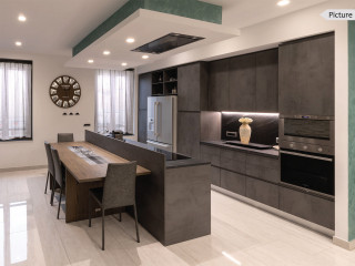 Cucina moderna con penisola legno e grigio cemento - Visma Arredo