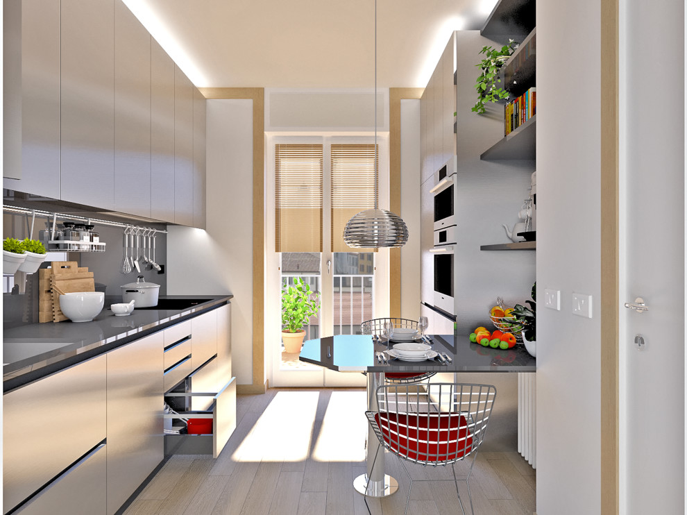 Idéer för avskilda, små funkis linjära svart kök, med en undermonterad diskho, släta luckor, skåp i rostfritt stål, bänkskiva i kvarts, svart stänkskydd, rostfria vitvaror, klinkergolv i porslin, en halv köksö och brunt golv
