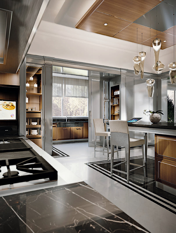 Idéer för ett mycket stort modernt svart kök med öppen planlösning, med en undermonterad diskho, grå skåp, marmorbänkskiva, svart stänkskydd, stänkskydd i marmor, rostfria vitvaror och en köksö