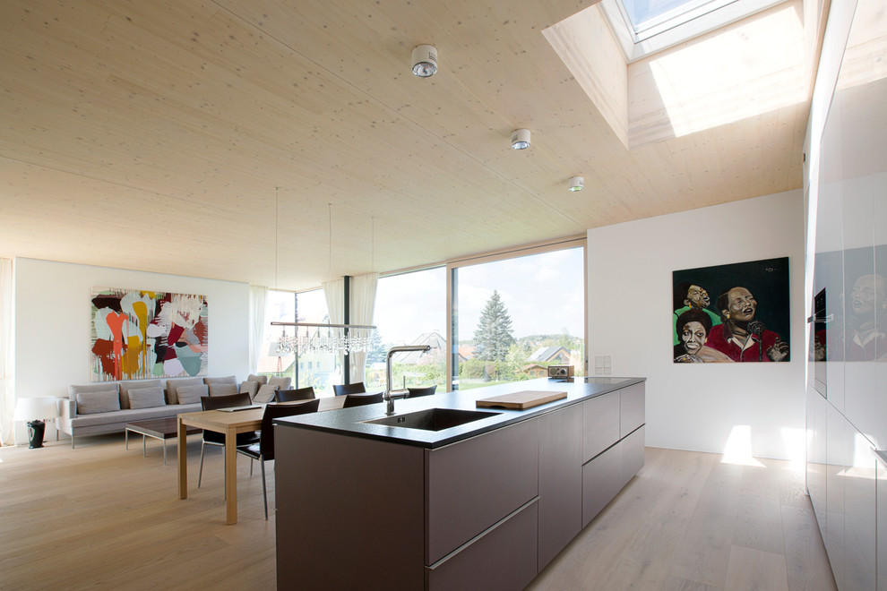 Foto di una cucina moderna di medie dimensioni con ante lisce, ante in legno chiaro e elettrodomestici in acciaio inossidabile