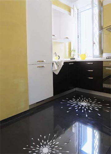 Foto på ett avskilt, mellanstort funkis l-kök, med svart golv