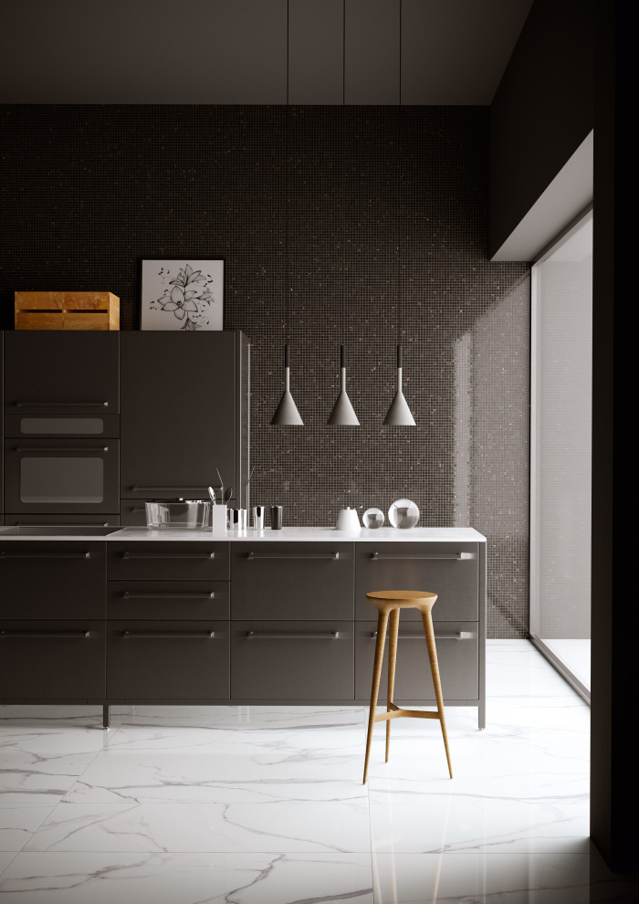 Cette photo montre une cuisine ouverte linéaire avec des portes de placard noires, une crédence noire, une crédence en carreau de porcelaine, un sol en carrelage de porcelaine, îlot et un sol multicolore.