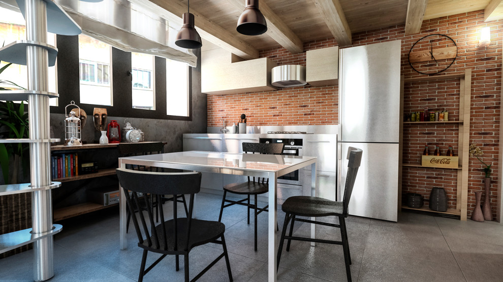 Idéer för att renovera ett litet industriellt linjärt kök och matrum, med en nedsänkt diskho, släta luckor, skåp i rostfritt stål, bänkskiva i rostfritt stål, stänkskydd med metallisk yta, rostfria vitvaror, klinkergolv i porslin och grått golv