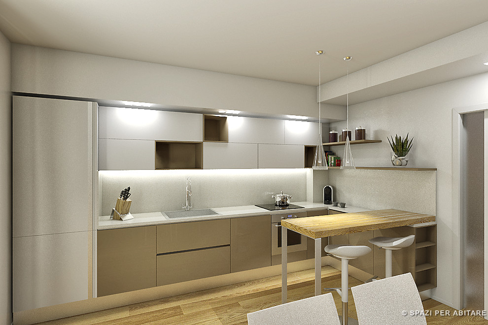 Photo of a medium sized contemporary l-shaped kitchen/diner in Other with a single-bowl sink, flat-panel cabinets, white cabinets, quartz worktops, medium hardwood flooring and an island.