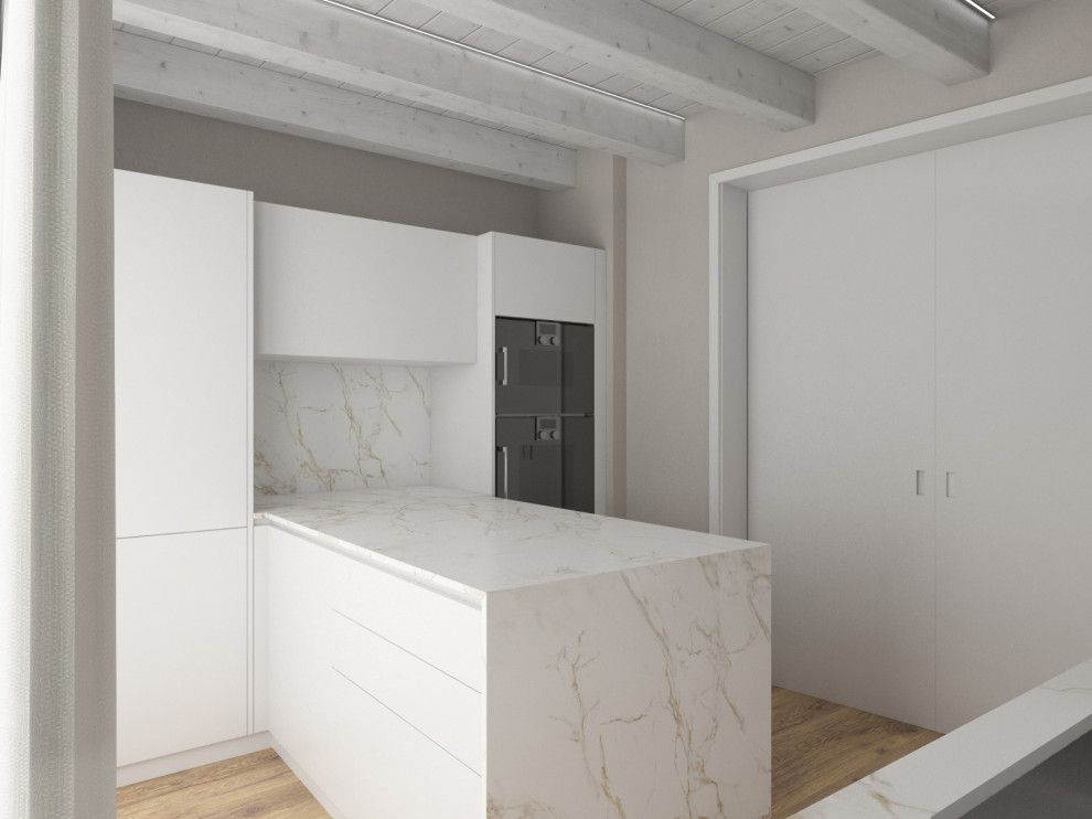 Inspiration for a small modern galley enclosed kitchen in Venice with a single-bowl sink, flat-panel cabinets, white cabinets, engineered stone countertops, white splashback, engineered quartz splashback, stainless steel appliances, medium hardwood flooring, a breakfast bar, brown floors, white worktops and exposed beams.