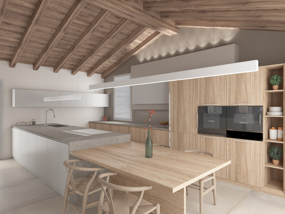 Bild på ett stort nordiskt grå grått kök, med en enkel diskho, luckor med infälld panel, skåp i ljust trä, bänkskiva i kvarts, rostfria vitvaror, klinkergolv i porslin, en köksö och grått golv