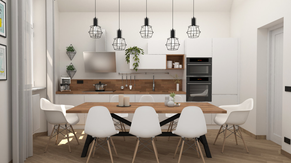 Esempio di una cucina minimalista di medie dimensioni con lavello sottopiano, ante lisce, ante in legno chiaro, paraspruzzi marrone, parquet chiaro, pavimento marrone e top marrone