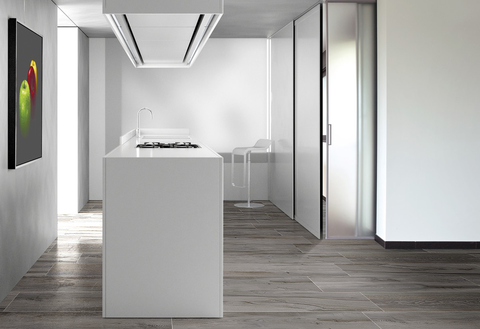 Foto på ett minimalistiskt kök, med en nedsänkt diskho, luckor med profilerade fronter, vita skåp, klinkergolv i porslin, en köksö och grått golv