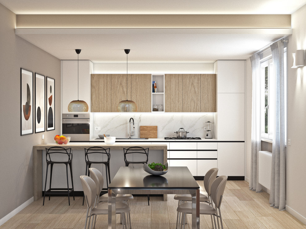 Modern inredning av ett mellanstort vit linjärt vitt kök med öppen planlösning, med en nedsänkt diskho, släta luckor, skåp i ljust trä, bänkskiva i kvarts, vitt stänkskydd, stänkskydd i marmor, rostfria vitvaror, klinkergolv i porslin, en halv köksö och brunt golv