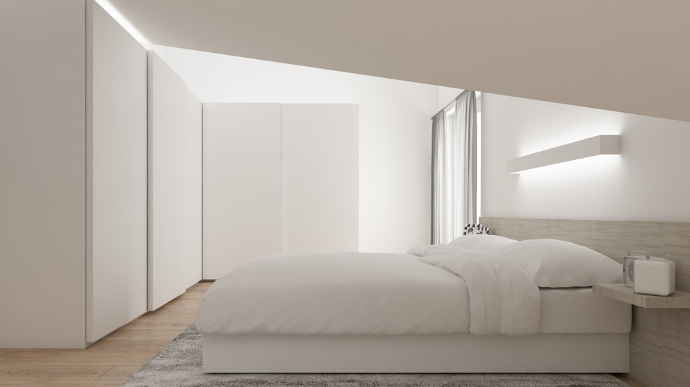 Idéer för ett litet modernt sovrum, med klinkergolv i porslin och flerfärgat golv