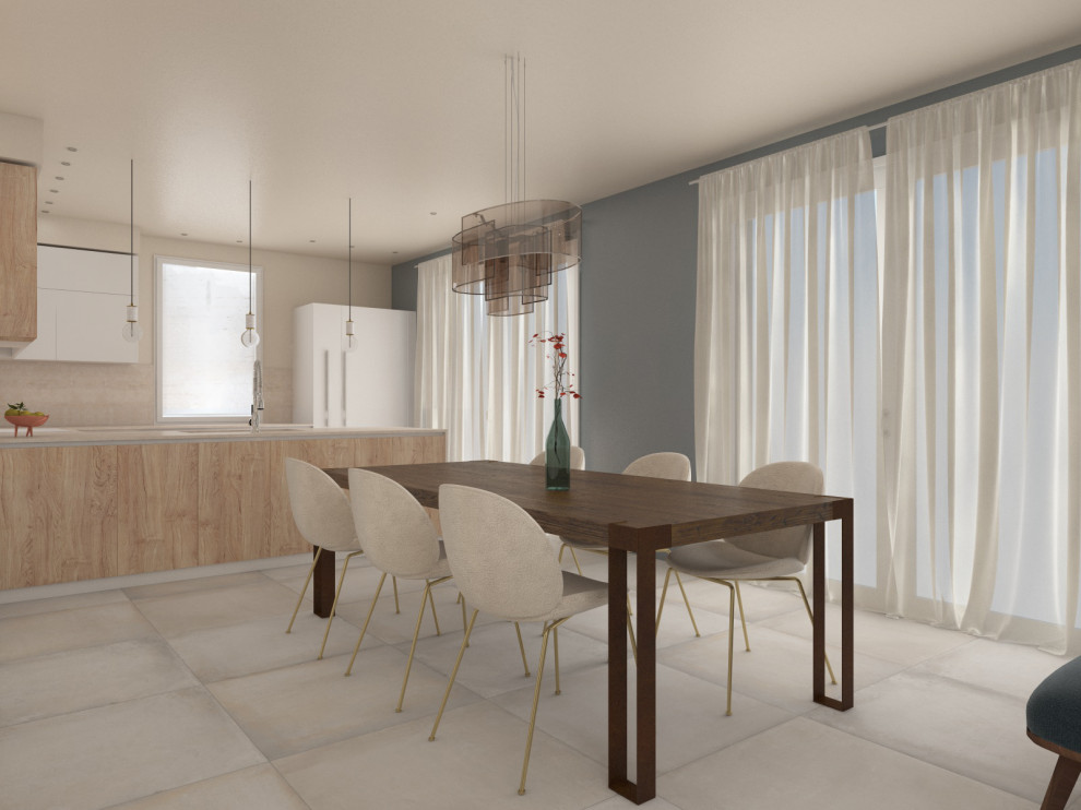 Свежая идея для дизайна: большая кухня-столовая в скандинавском стиле с полом из керамогранита, серым полом и многоуровневым потолком - отличное фото интерьера