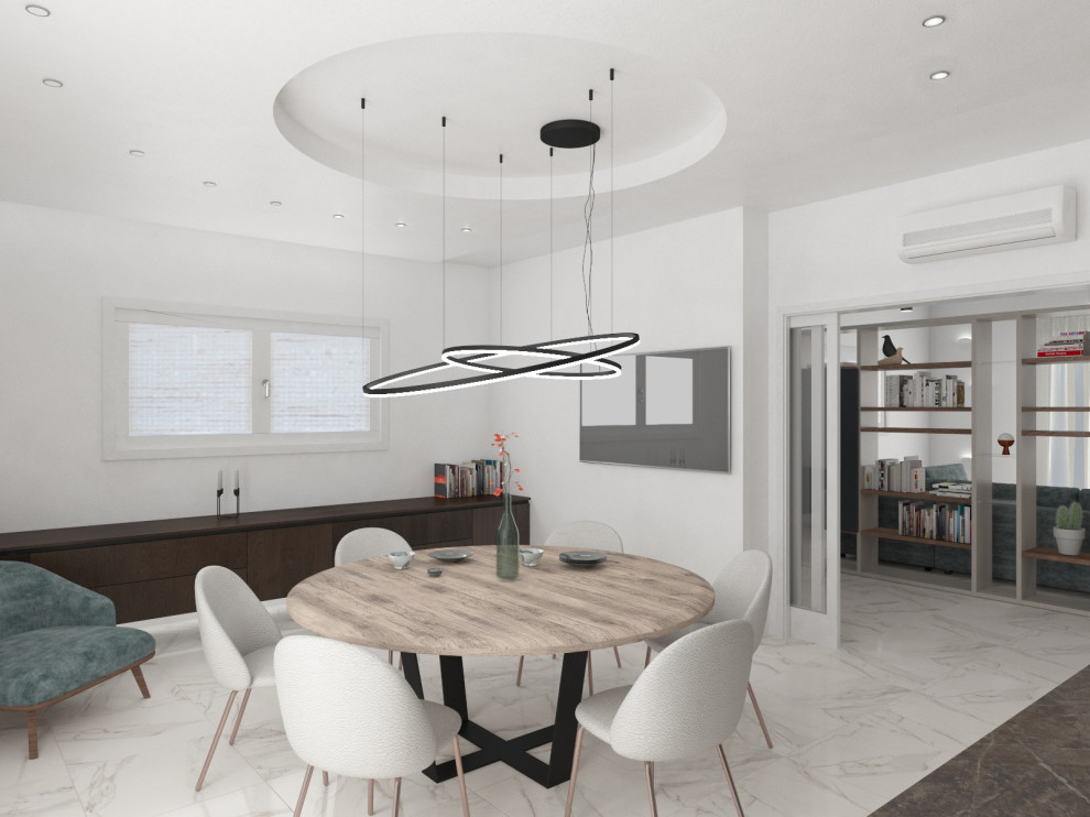 Idee per una grande sala da pranzo aperta verso la cucina minimalista con pavimento in gres porcellanato, pavimento bianco e soffitto ribassato