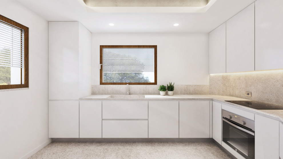 Foto på ett avskilt, mellanstort funkis grå u-kök, med en integrerad diskho, släta luckor, vita skåp, bänkskiva i kvarts, grått stänkskydd och rostfria vitvaror