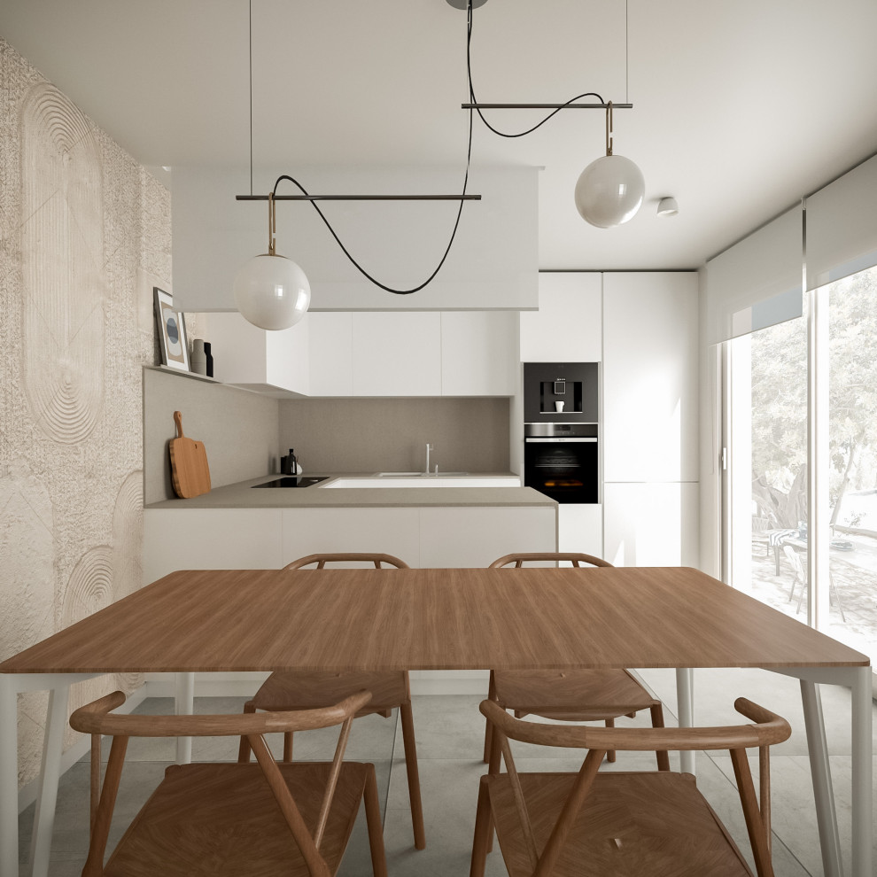Idee per una cucina minimal di medie dimensioni con ante lisce, ante bianche, top in superficie solida, pavimento in gres porcellanato, nessuna isola e pavimento grigio