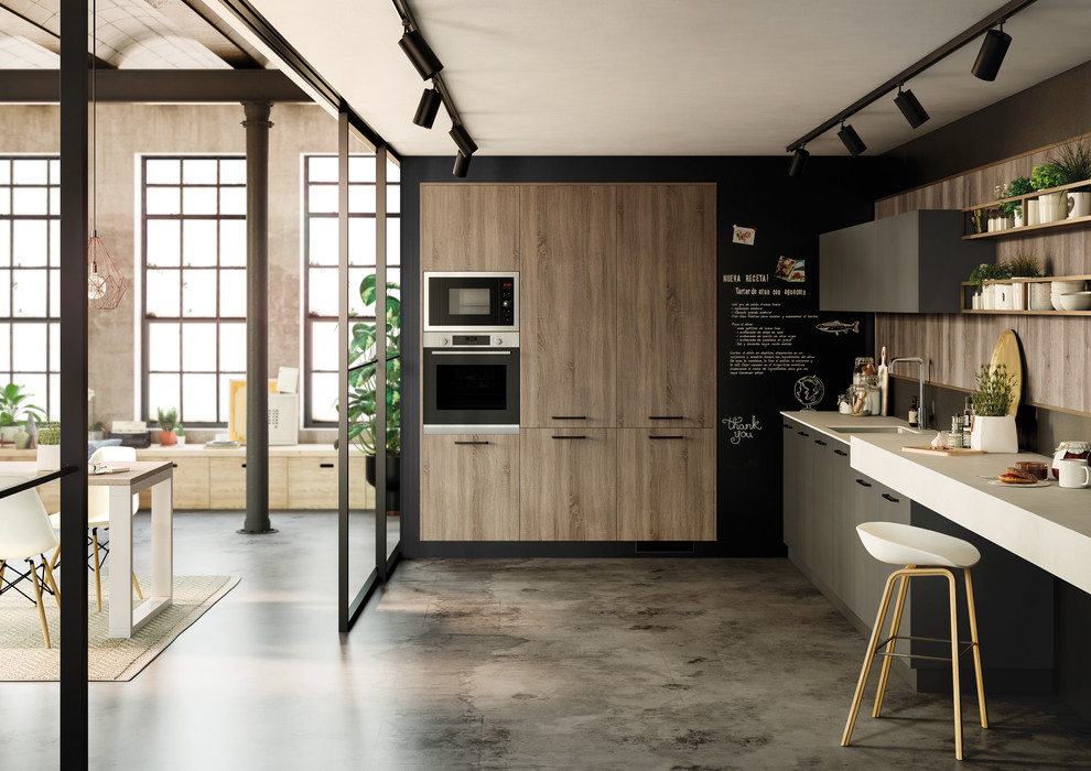 На фото: угловая кухня-гостиная среднего размера в стиле модернизм без острова с