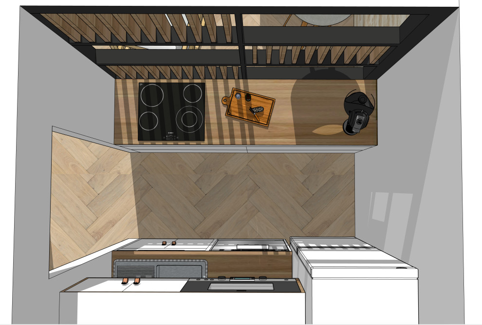 Aménagement d'une petite cuisine ouverte linéaire montagne avec un évier 1 bac, des portes de placard blanches, un plan de travail en bois, parquet clair, aucun îlot, un sol beige et un plan de travail marron.