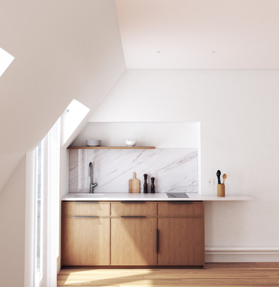 Inspiration för små moderna linjära vitt kök med öppen planlösning, med en undermonterad diskho, luckor med profilerade fronter, bänkskiva i koppar, stänkskydd i marmor, integrerade vitvaror, mellanmörkt trägolv och flera köksöar