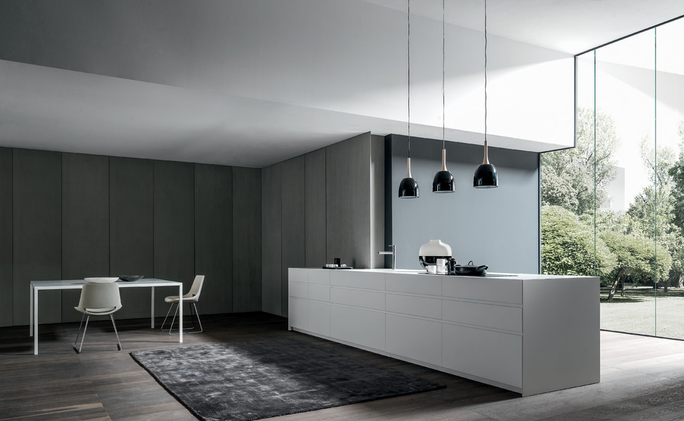 Contemporary single-wall kitchen/diner in Paris with flat-panel cabinets and an island.